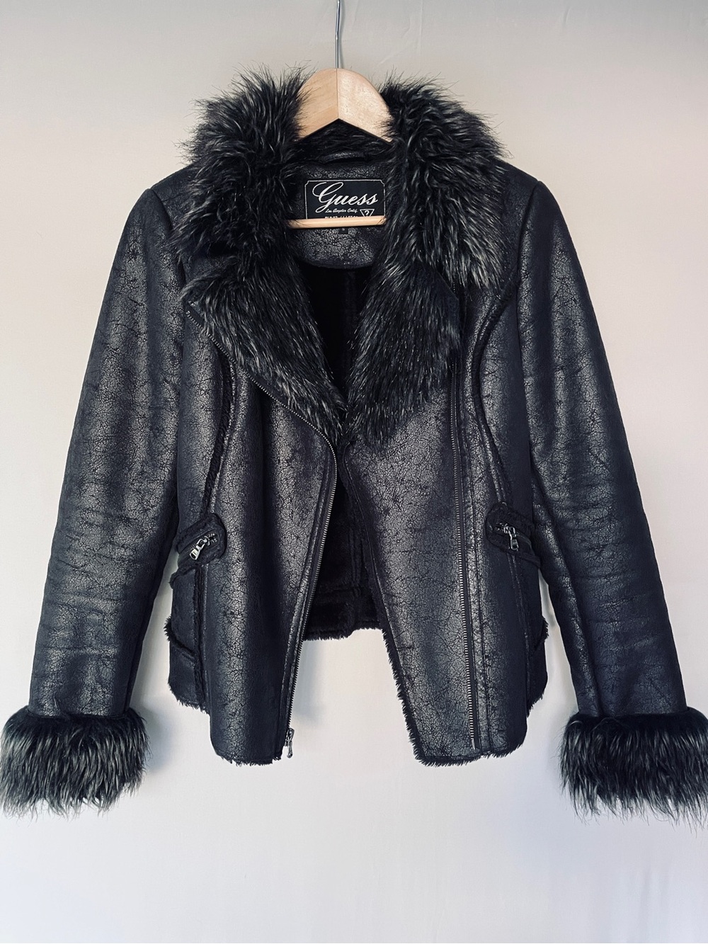 Guess Y2K Faux Shearling Black Moto Jacket Faux Fur Collar Cuffs S